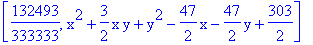 [132493/333333, x^2+3/2*x*y+y^2-47/2*x-47/2*y+303/2]
